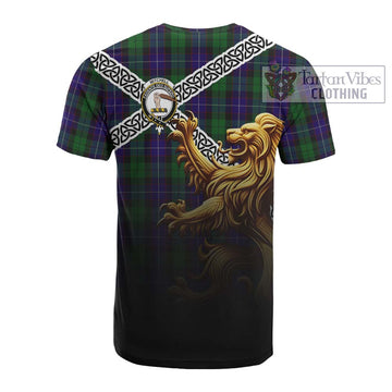 Mitchell Crest Tartan Cotton T-shirt with Golden Lion Emblem Celtic Style - Tartan Vibes Clothing