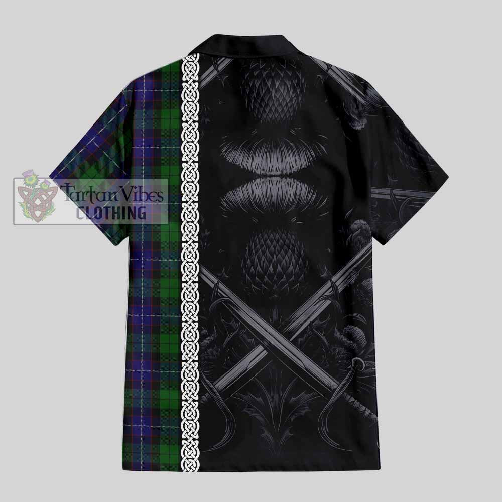 Mitchell Tartan Hawaiian Shirt with Family Crest Cross Sword Thistle Celtic Vibes - Tartan Vibes Clothing