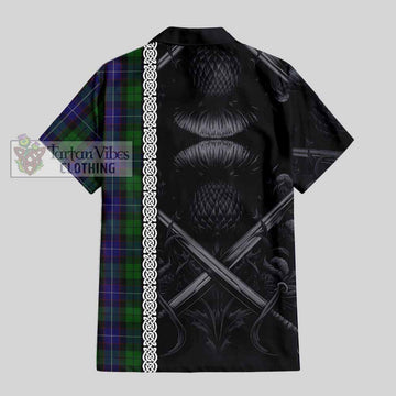 Mitchell Tartan Hawaiian Shirt with Family Crest Cross Sword Thistle Celtic Vibes - Tartan Vibes Clothing