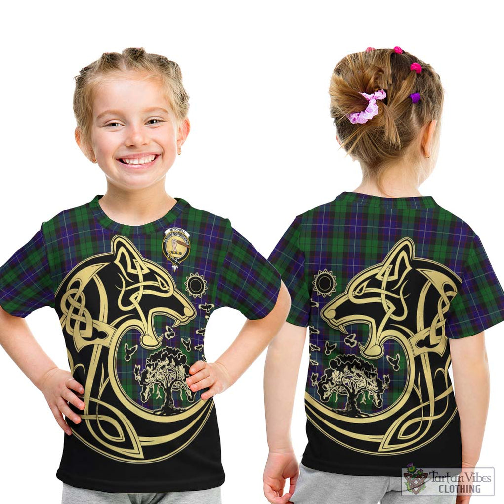 Mitchell Tartan Kid T-Shirt with Family Crest Celtic Wolf Style - Tartan Vibes Clothing