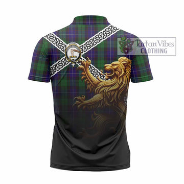Mitchell Crest Tartan Zipper Polo Shirt with Golden Lion Emblem Celtic Style - Tartan Vibes Clothing