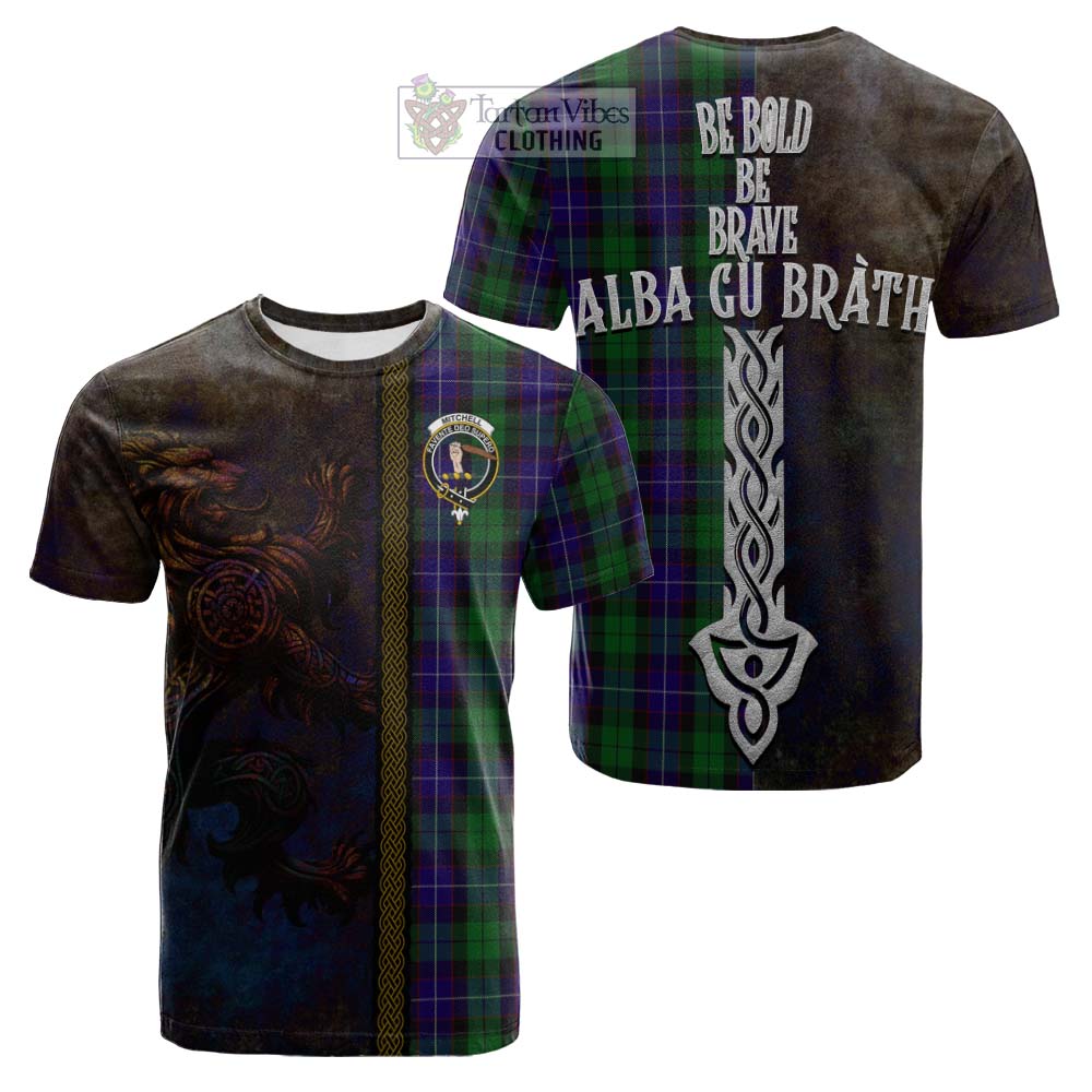 Mitchell Tartan Family Crest Cotton T-shirt Alba Gu Brath Be Brave Lion Ancient Style - Tartan Vibes Clothing