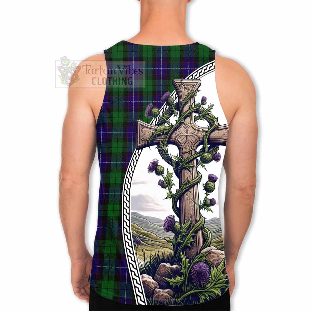 Tartan Vibes Clothing Mitchell Tartan Men's Tank Top with Family Crest and St. Andrew's Cross Accented by Thistle Vines