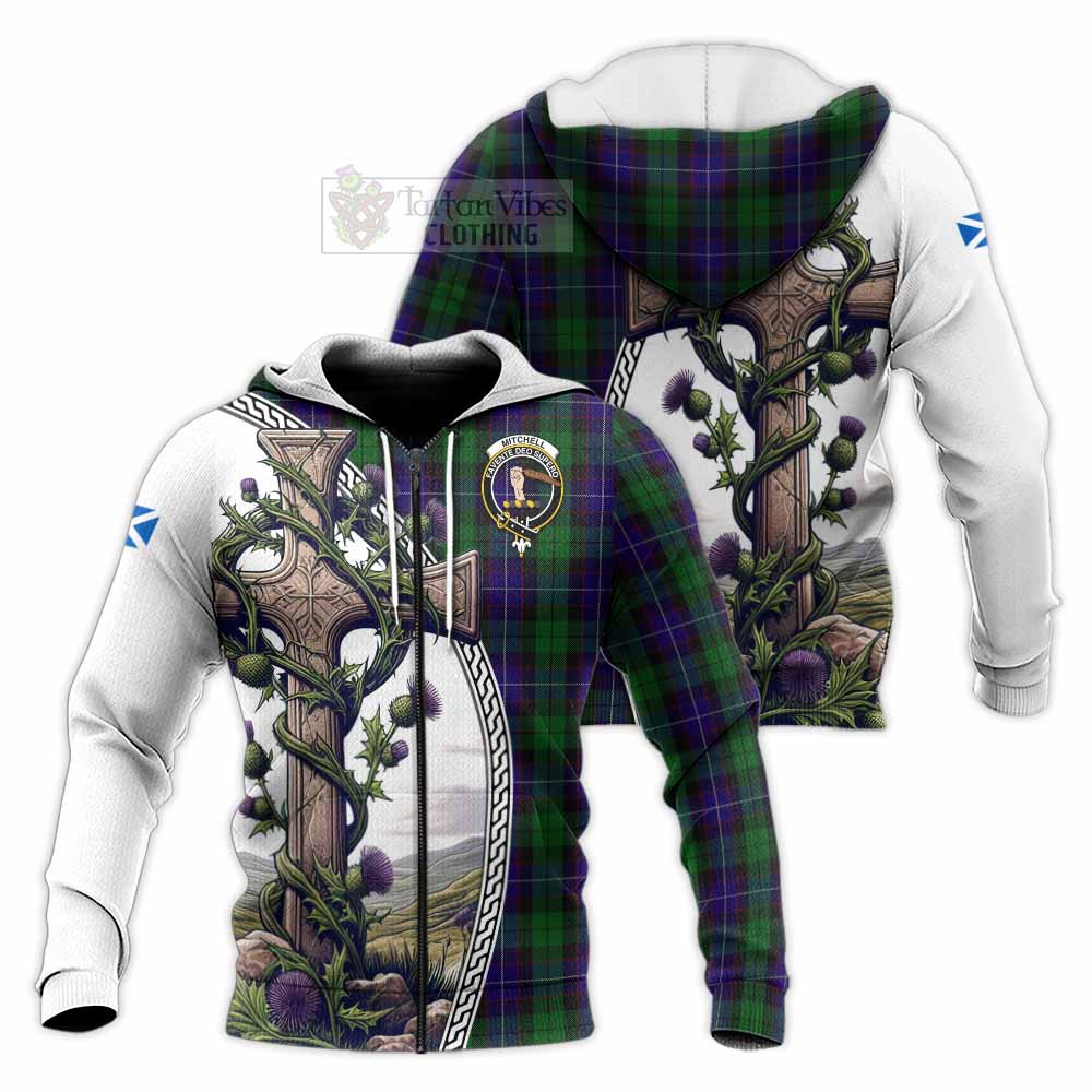 Tartan Vibes Clothing Mitchell Tartan Knitted Hoodie with Family Crest and St. Andrew's Cross Accented by Thistle Vines