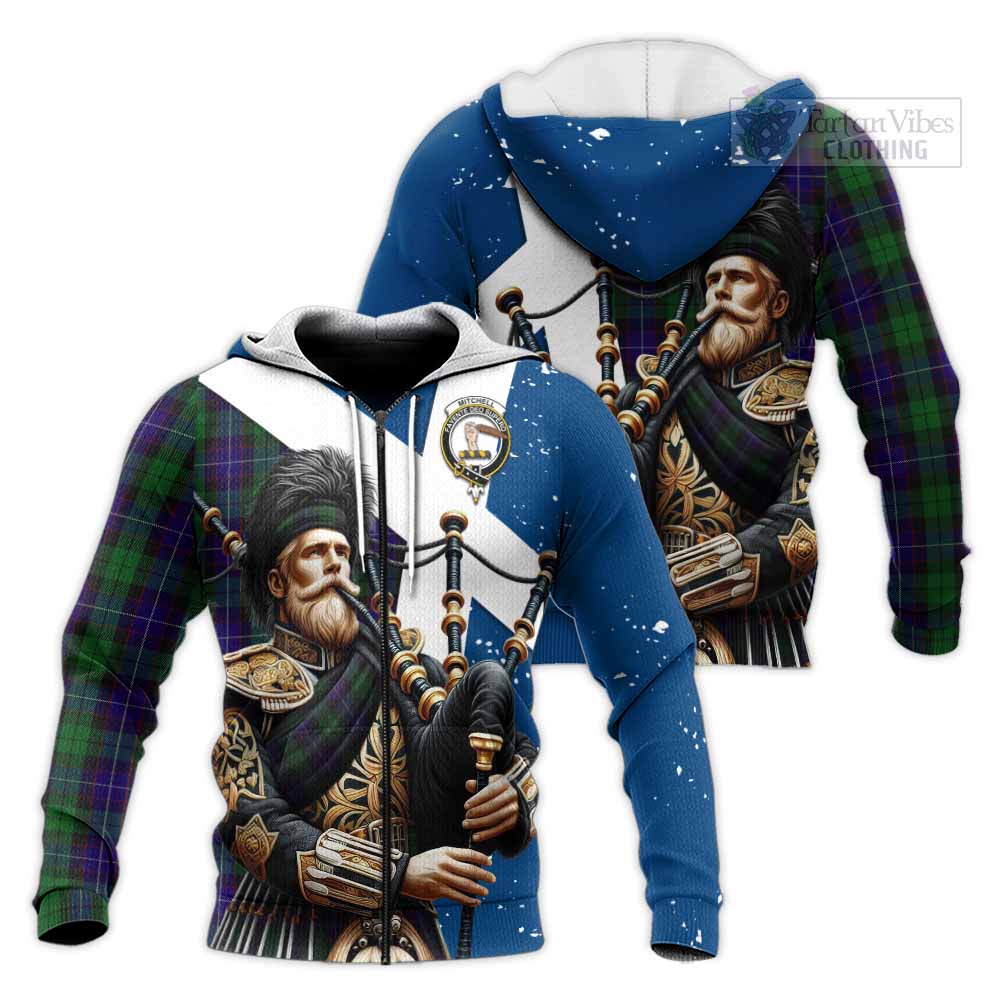 Tartan Vibes Clothing Mitchell Tartan Knitted Hoodie with Family Crest Scottish Bagpiper Vibes