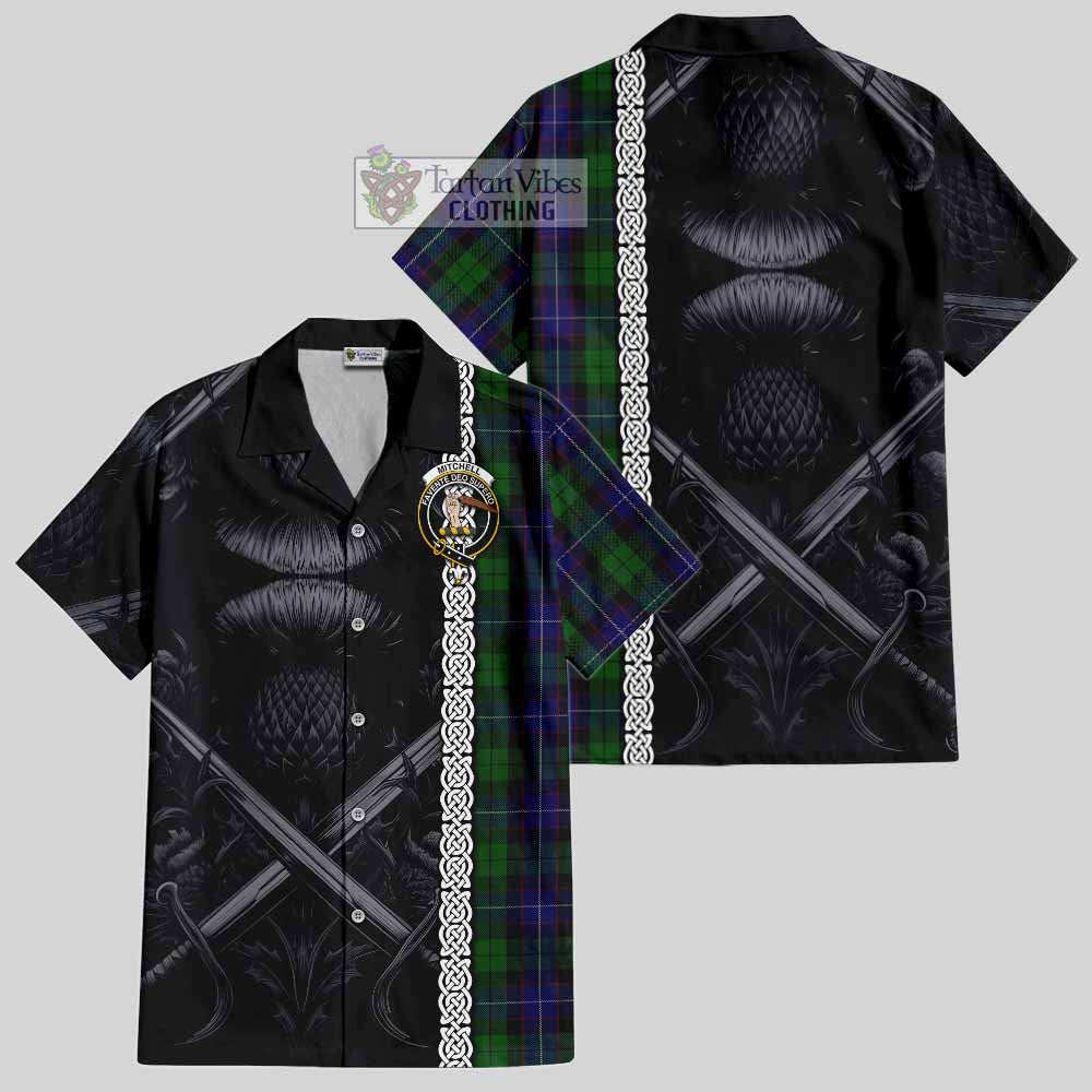 Mitchell Tartan Hawaiian Shirt with Family Crest Cross Sword Thistle Celtic Vibes - Tartan Vibes Clothing