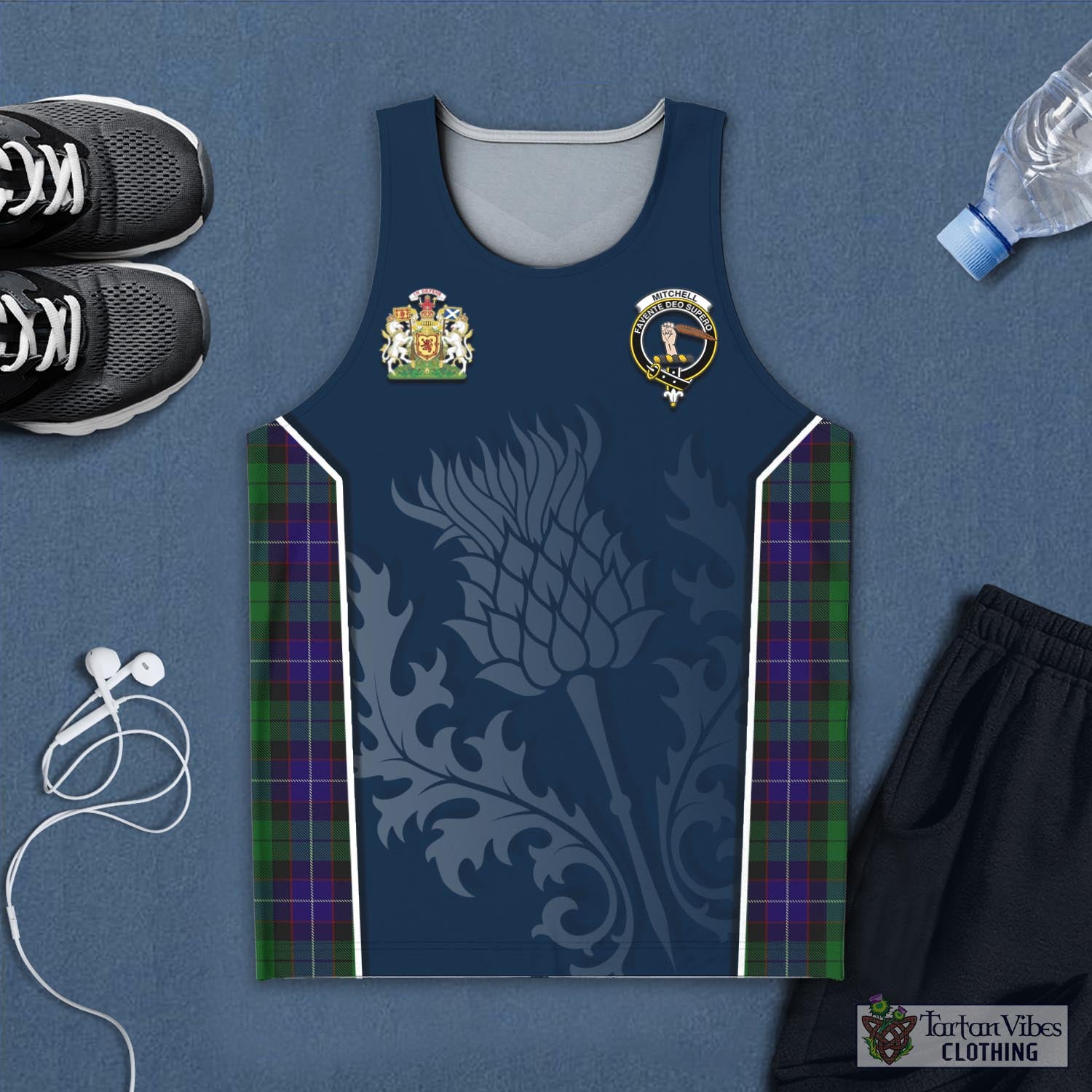 Tartan Vibes Clothing Mitchell Tartan Men's Tanks Top with Family Crest and Scottish Thistle Vibes Sport Style