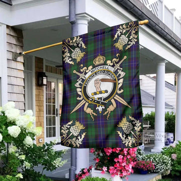Mitchell Tartan Garden Flag with Family Crest and Golden Thistle Crossed Sword Design - Tartan Vibes Clothing