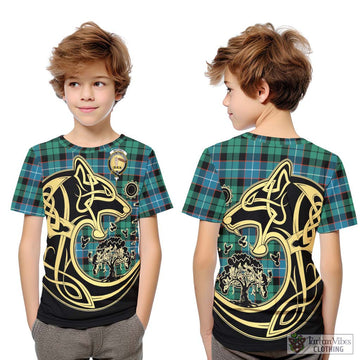 Mitchell Ancient Tartan Kid T-Shirt with Family Crest Celtic Wolf Style