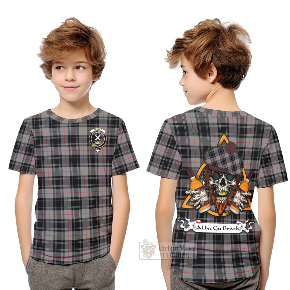 Tartan Vibes Clothing Moffat Tartan Kid T-Shirt with Family Crest and Bearded Skull Holding Bottles of Whiskey