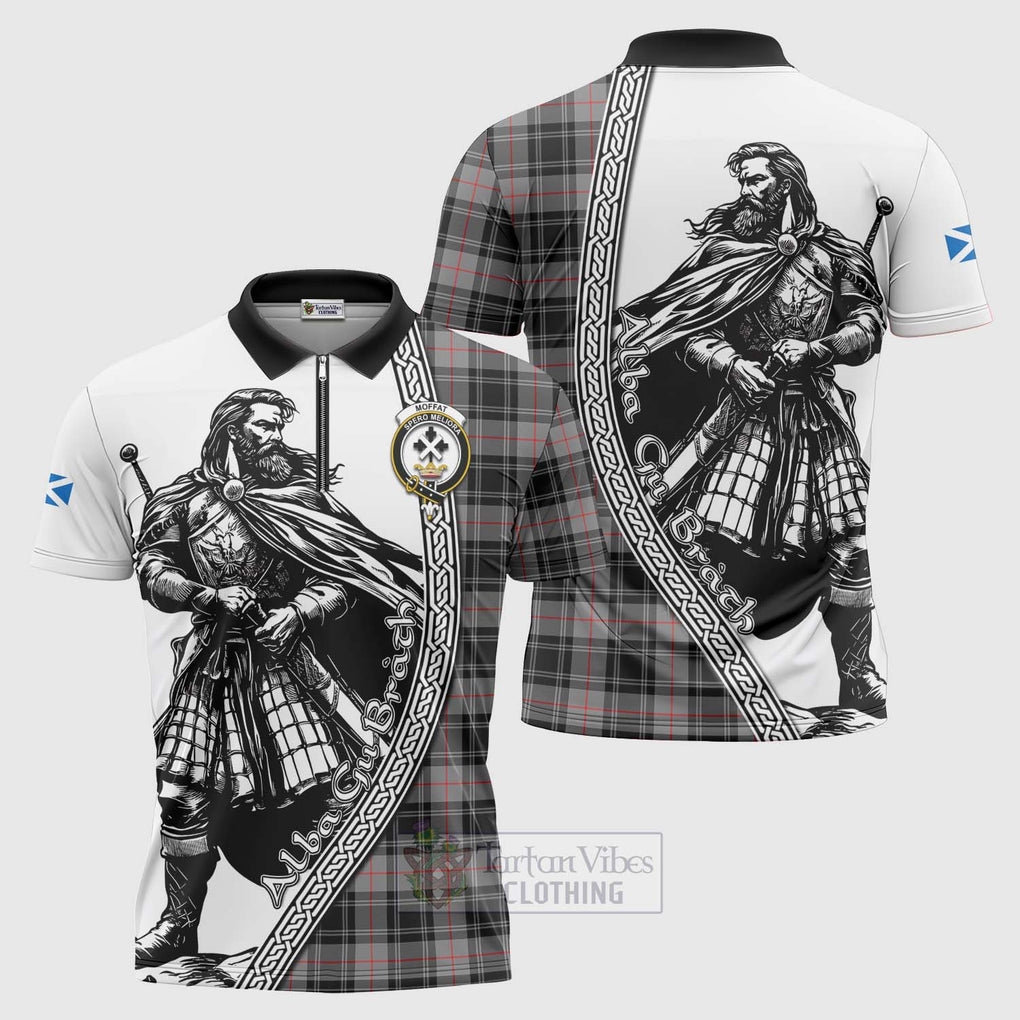 Tartan Vibes Clothing Moffat Tartan Clan Crest Zipper Polo Shirt with Highlander Warrior Celtic Style