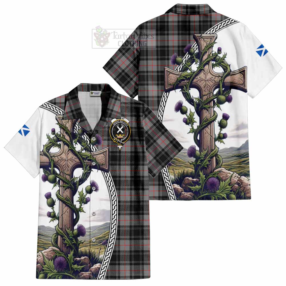 Tartan Vibes Clothing Moffat Tartan Short Sleeve Button Shirt with Family Crest and St. Andrew's Cross Accented by Thistle Vines