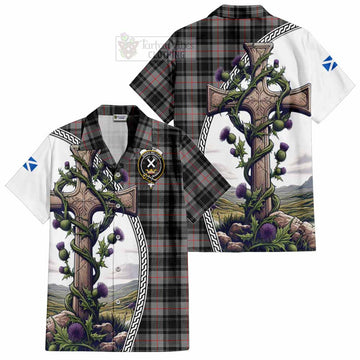 Moffat Tartan Short Sleeve Button Shirt with Family Crest and St. Andrew's Cross Accented by Thistle Vines