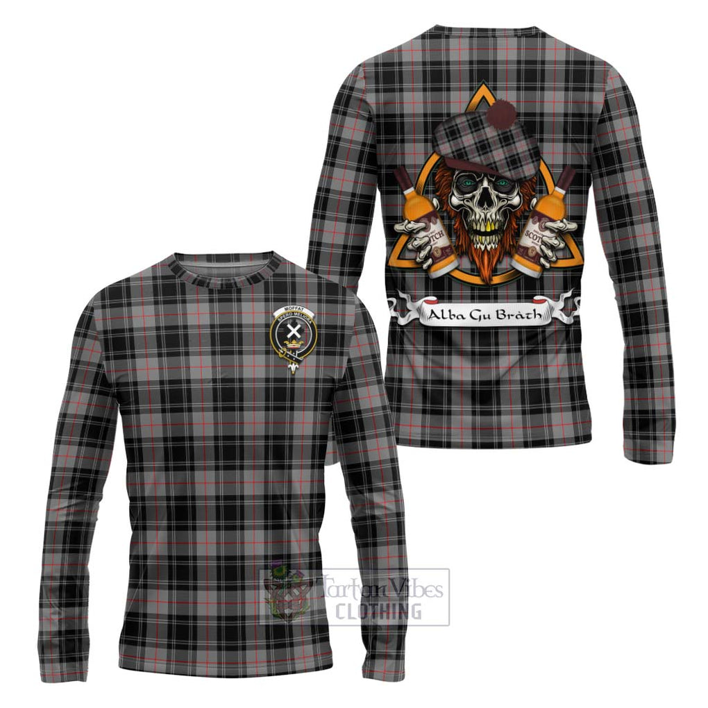 Tartan Vibes Clothing Moffat Tartan Long Sleeve T-Shirt with Family Crest and Bearded Skull Holding Bottles of Whiskey