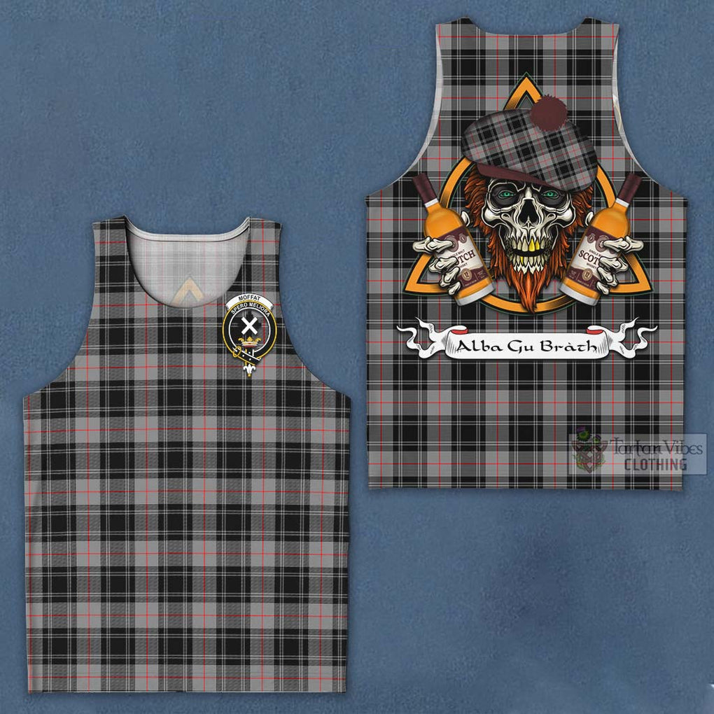 Tartan Vibes Clothing Moffat Tartan Men's Tank Top with Family Crest and Bearded Skull Holding Bottles of Whiskey