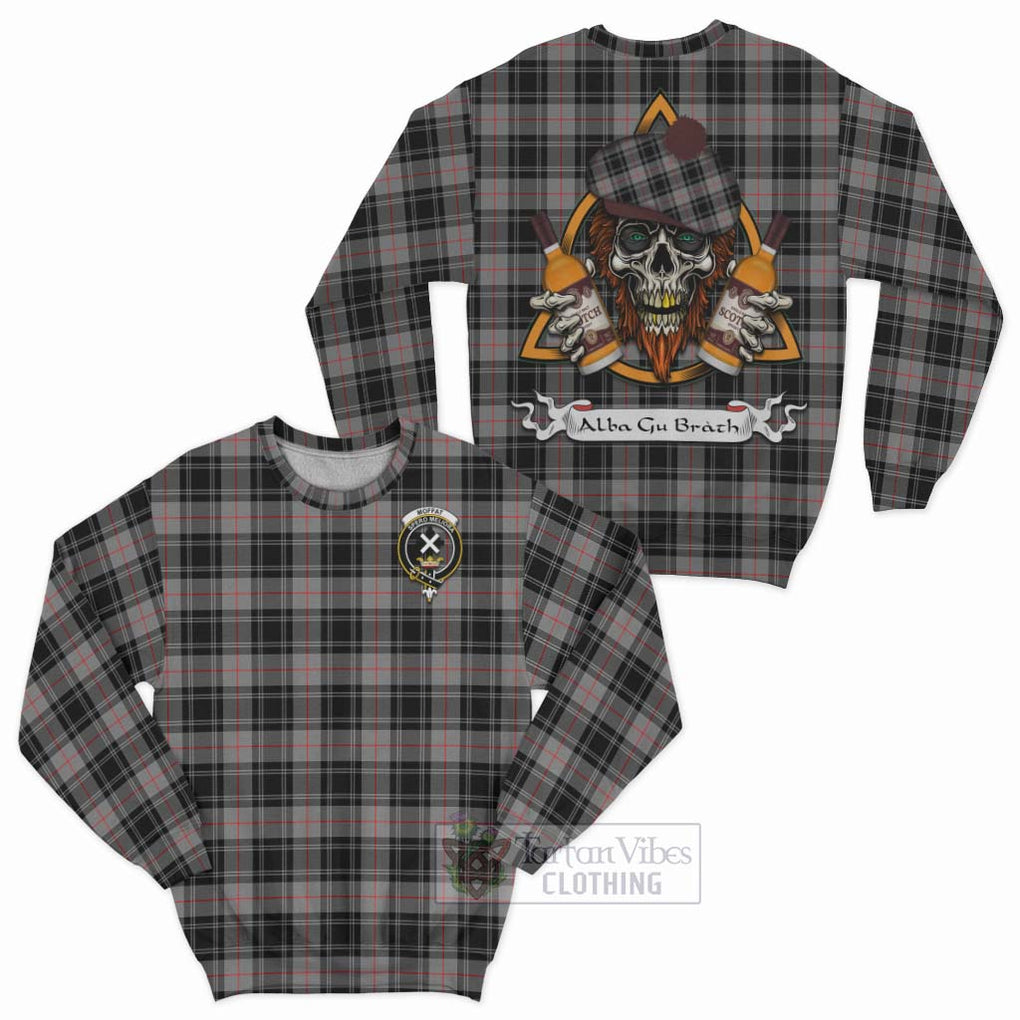 Tartan Vibes Clothing Moffat Tartan Sweatshirt with Family Crest and Bearded Skull Holding Bottles of Whiskey