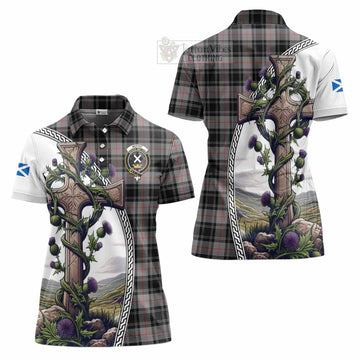 Moffat Tartan Women's Polo Shirt with Family Crest and St. Andrew's Cross Accented by Thistle Vines