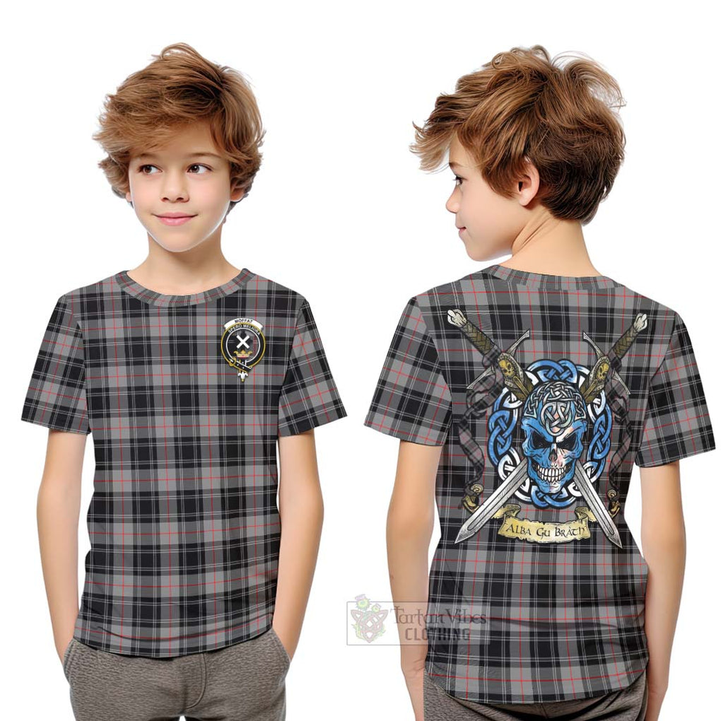 Tartan Vibes Clothing Moffat Tartan Kid T-Shirt with Family Crest Celtic Skull Style