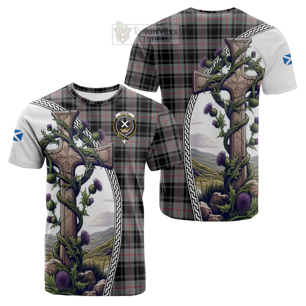 Tartan Vibes Clothing Moffat Tartan Cotton T-shirt with Family Crest and St. Andrew's Cross Accented by Thistle Vines