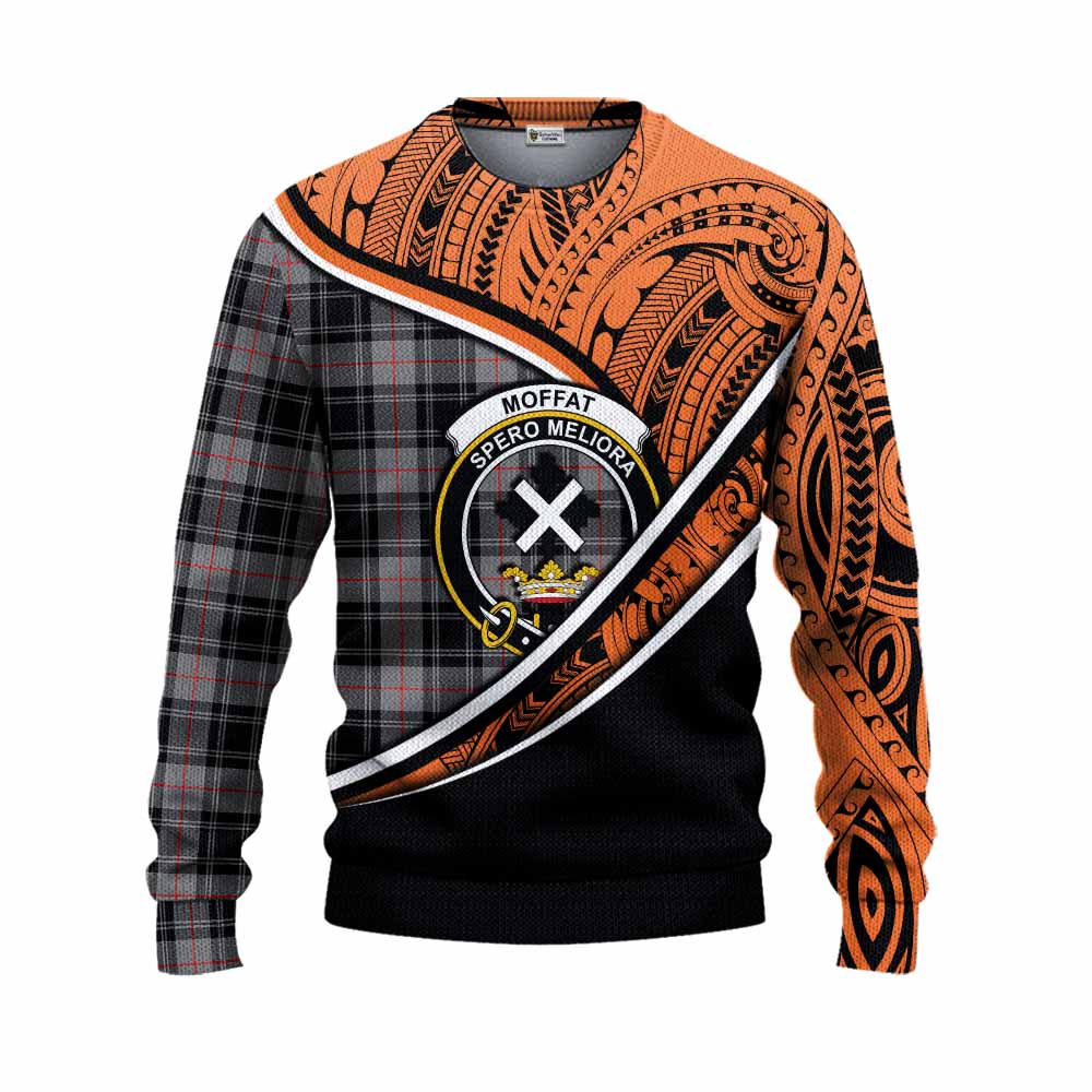 Tartan Vibes Clothing Moffat Crest Tartan Knitted Sweater with Maori Tattoo Style - Orange Version