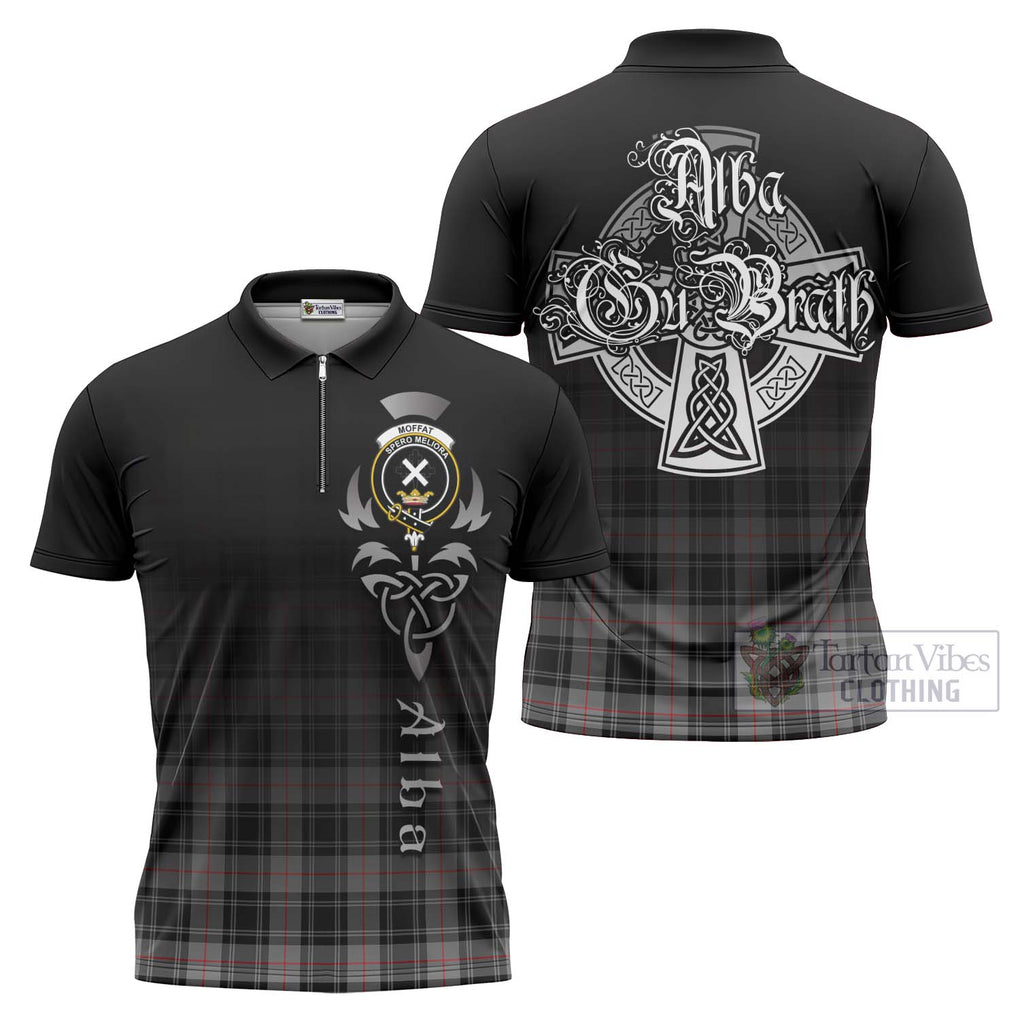 Tartan Vibes Clothing Moffat Tartan Zipper Polo Shirt Featuring Alba Gu Brath Family Crest Celtic Inspired