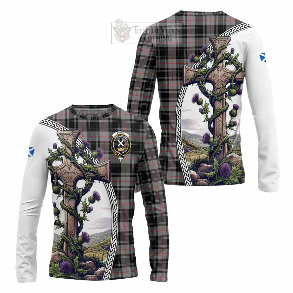 Tartan Vibes Clothing Moffat Tartan Long Sleeve T-Shirt with Family Crest and St. Andrew's Cross Accented by Thistle Vines