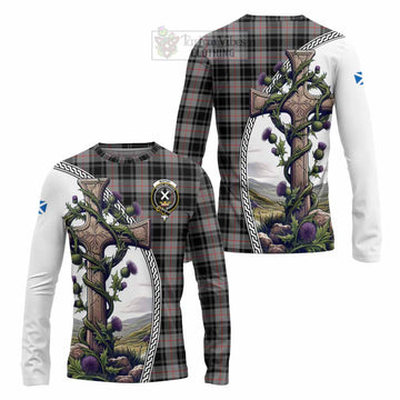 Moffat Tartan Long Sleeve T-Shirt with Family Crest and St. Andrew's Cross Accented by Thistle Vines