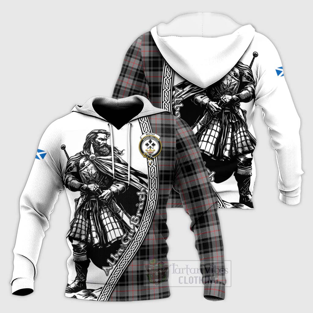 Tartan Vibes Clothing Moffat Tartan Clan Crest Knitted Hoodie with Highlander Warrior Celtic Style