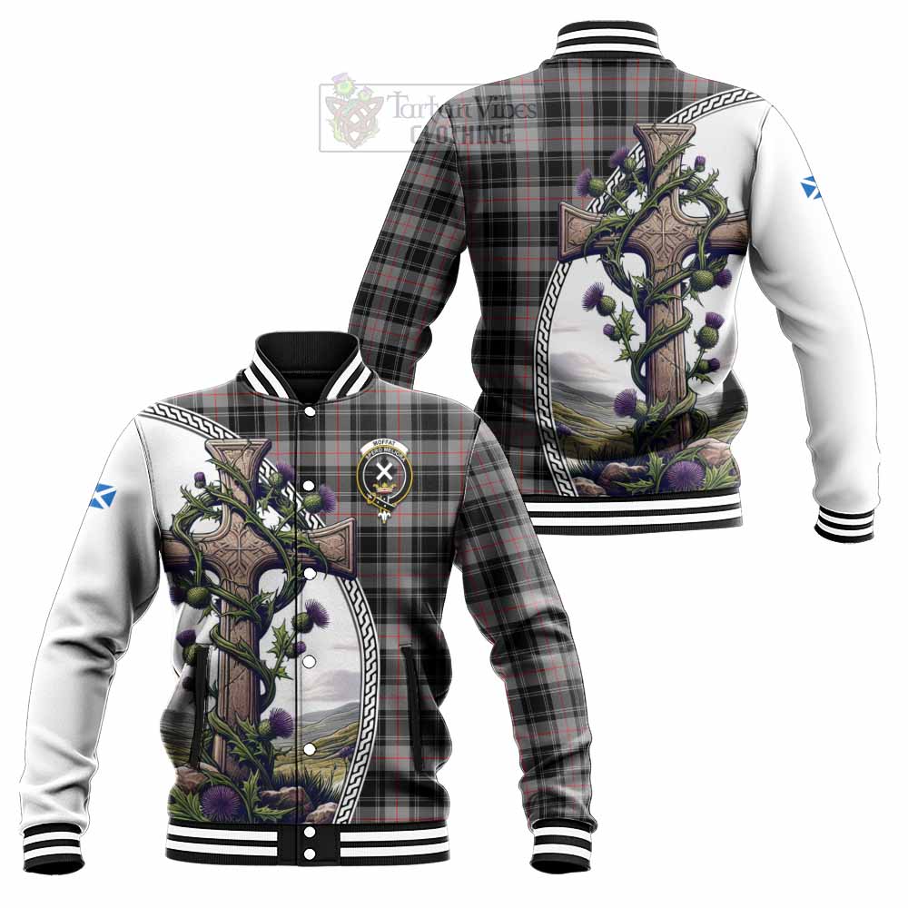 Tartan Vibes Clothing Moffat Tartan Baseball Jacket with Family Crest and St. Andrew's Cross Accented by Thistle Vines