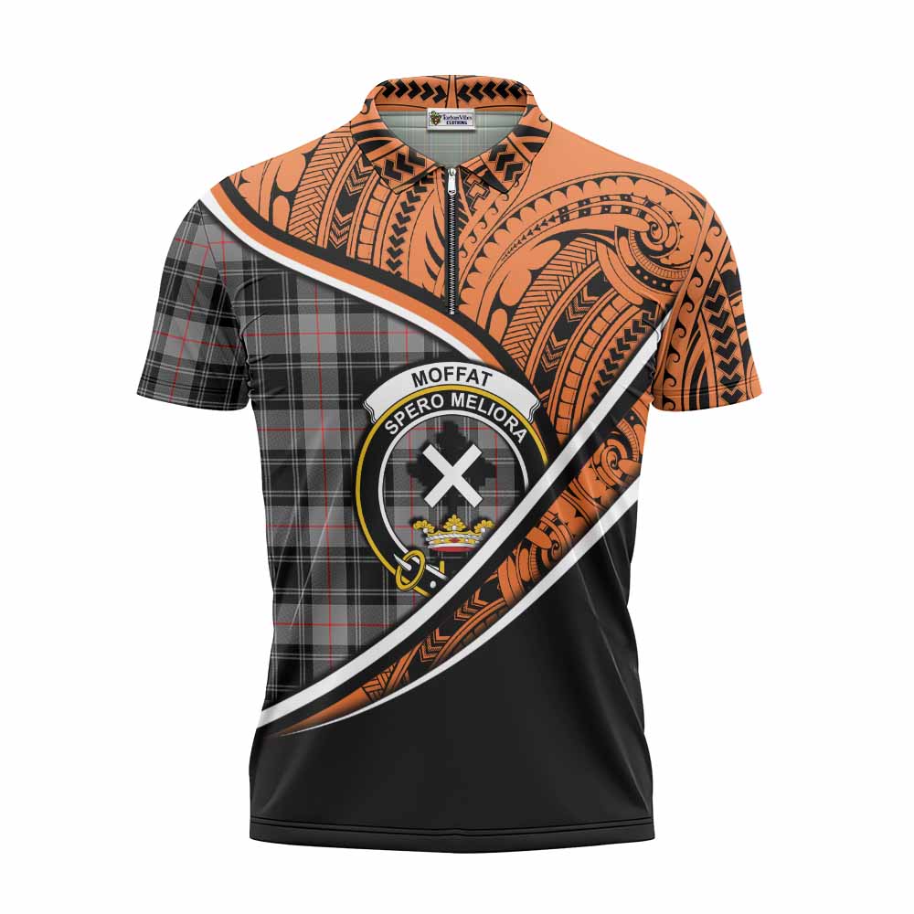 Tartan Vibes Clothing Moffat Crest Tartan Zipper Polo Shirt with Maori Tattoo Style - Orange Version