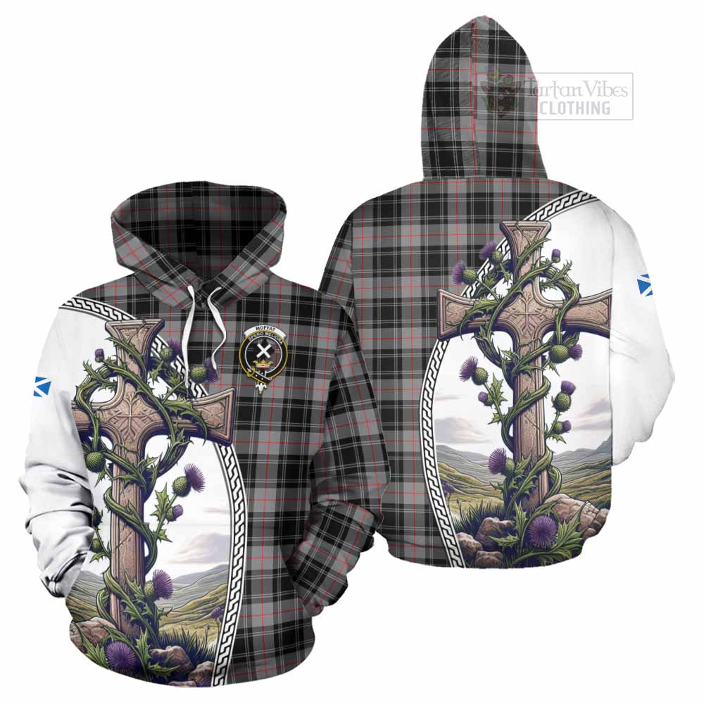 Tartan Vibes Clothing Moffat Tartan Hoodie with Family Crest and St. Andrew's Cross Accented by Thistle Vines