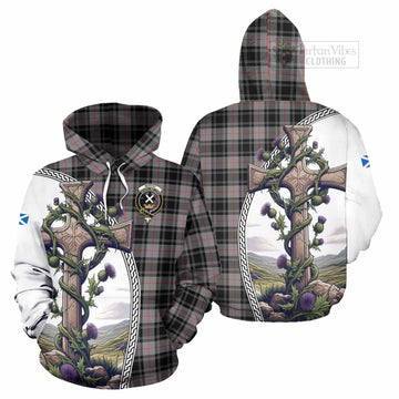 Moffat Tartan Hoodie with Family Crest and St. Andrew's Cross Accented by Thistle Vines