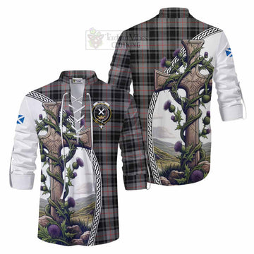 Moffat Tartan Ghillie Kilt Shirt with Family Crest and St. Andrew's Cross Accented by Thistle Vines