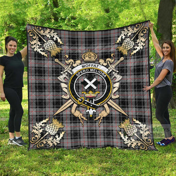 Moffat Tartan Quilt with Family Crest and Golden Thistle Crossed Sword Design