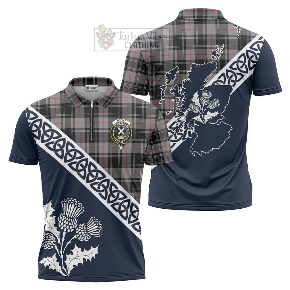 Tartan Vibes Clothing Moffat Tartan Zipper Polo Shirt Featuring Thistle and Scotland Map