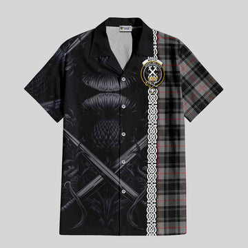 Moffat Tartan Short Sleeve Button Shirt with Family Crest Cross Sword Thistle Celtic Vibes