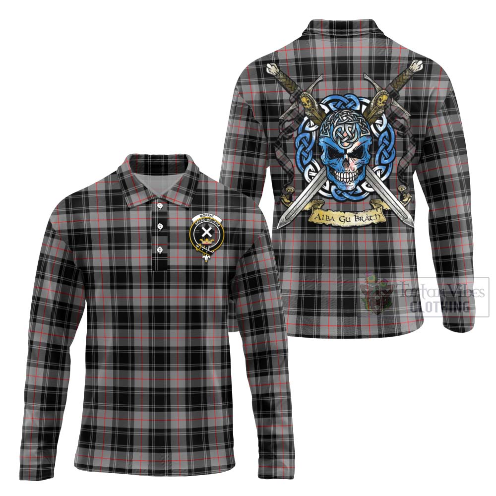 Tartan Vibes Clothing Moffat Tartan Long Sleeve Polo Shirt with Family Crest Celtic Skull Style