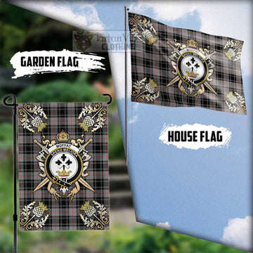 Moffat Tartan Flag with Family Crest and Golden Thistle Crossed Sword Design