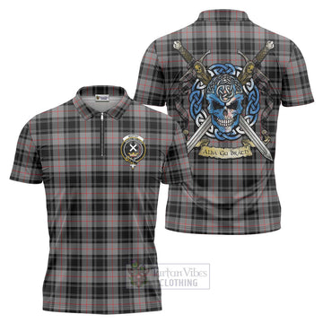 Moffat Tartan Zipper Polo Shirt with Family Crest Celtic Skull Style