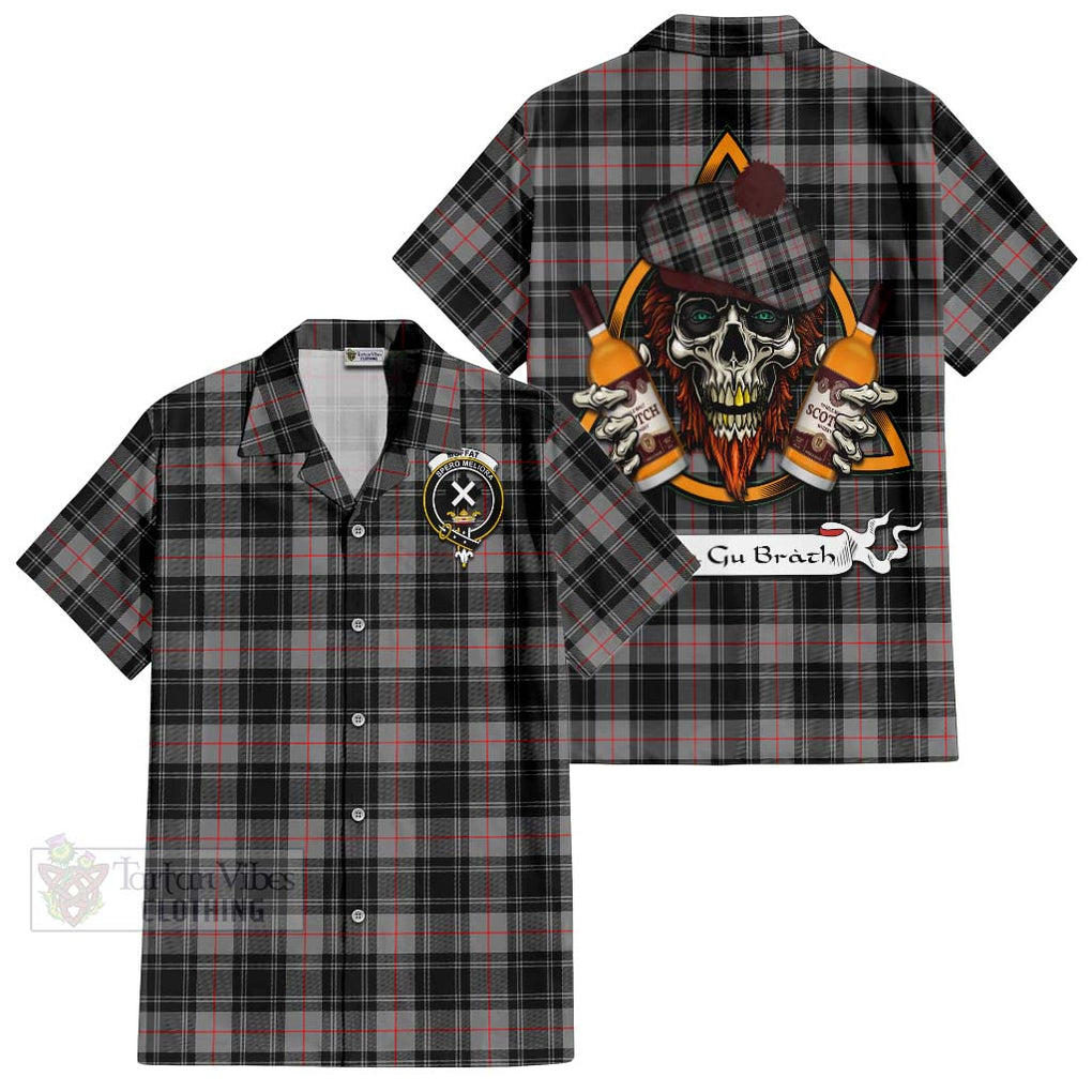 Tartan Vibes Clothing Moffat Tartan Short Sleeve Button Shirt with Family Crest and Bearded Skull Holding Bottles of Whiskey