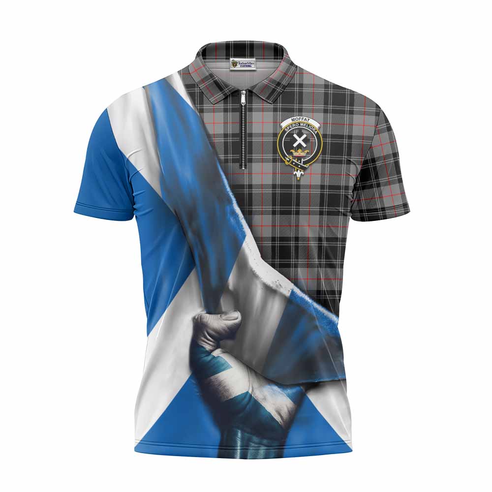 Tartan Vibes Clothing Moffat Tartan Zipper Polo Shirt with Family Crest Scotland Patriotic Style