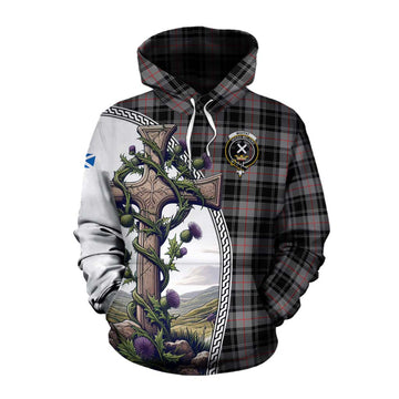 Moffat Tartan Cotton Hoodie with Family Crest and St. Andrew's Cross Accented by Thistle Vines