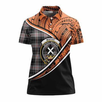 Moffat Crest Tartan Women's Polo Shirt with Polynesian Vibes Style - Orange Version