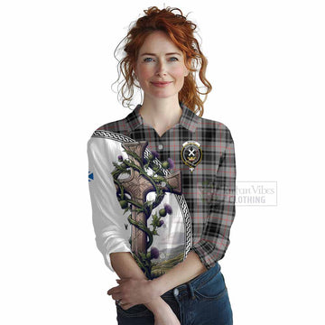 Moffat Tartan Women's Casual Shirt with Family Crest and St. Andrew's Cross Accented by Thistle Vines