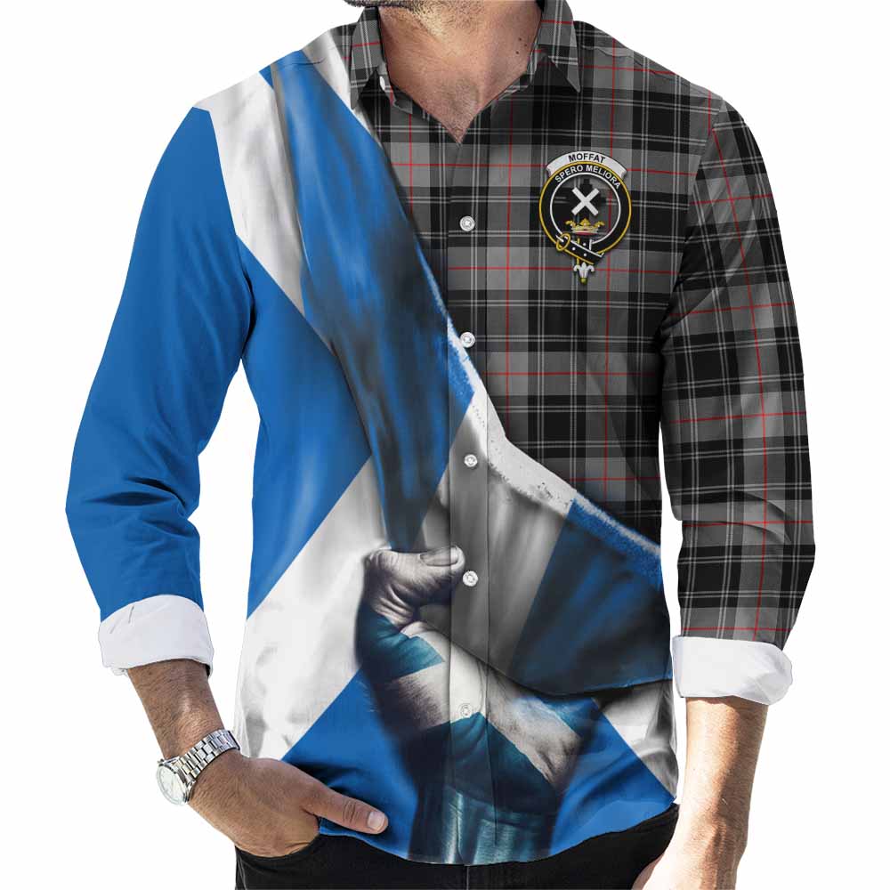 Tartan Vibes Clothing Moffat Tartan Long Sleeve Button Shirt with Family Crest Scotland Patriotic Style