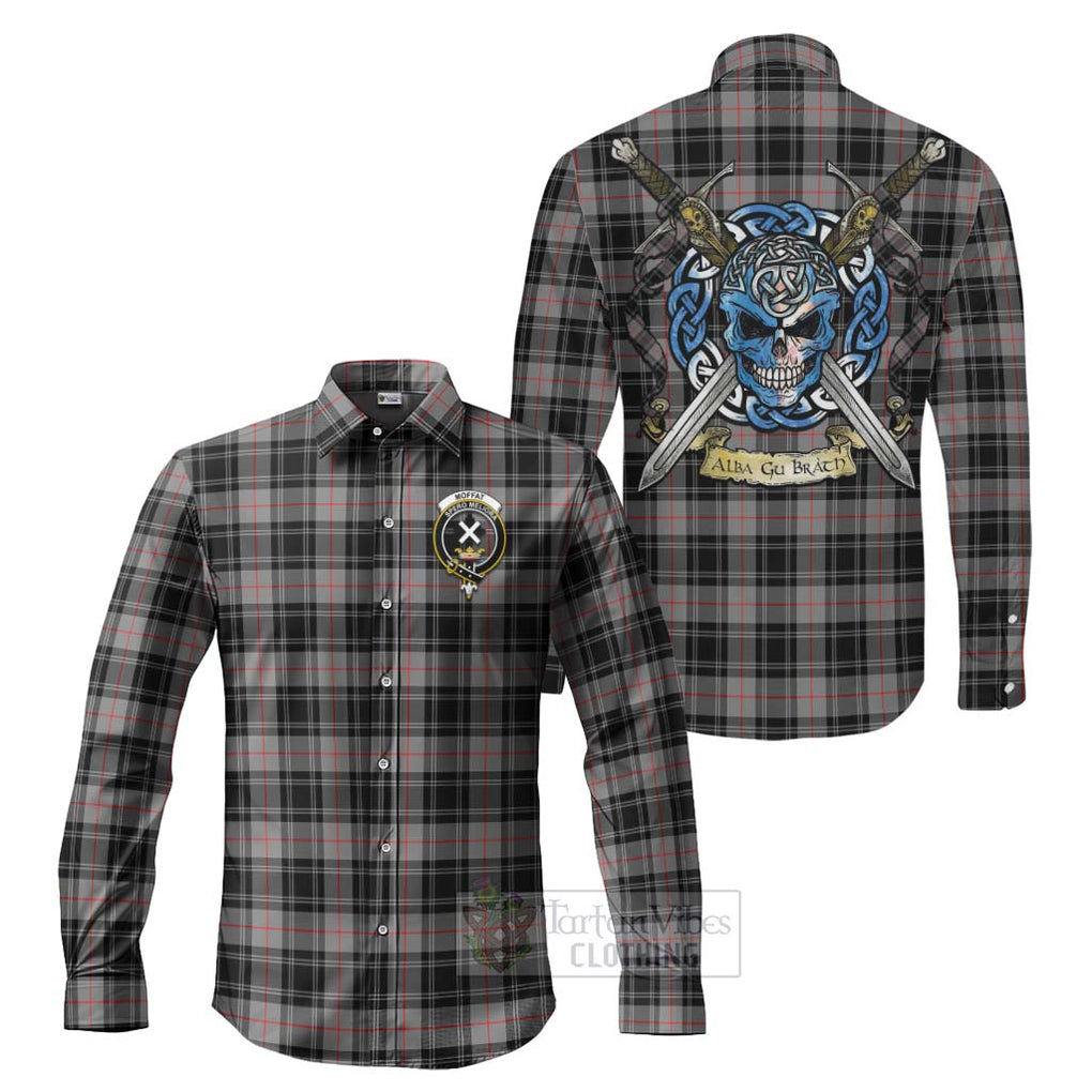 Tartan Vibes Clothing Moffat Tartan Long Sleeve Button Shirt with Family Crest Celtic Skull Style