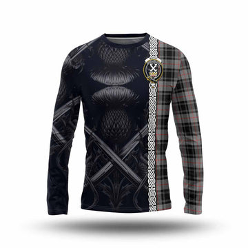 Moffat Tartan Long Sleeve T-Shirt with Family Crest Cross Sword Thistle Celtic Vibes