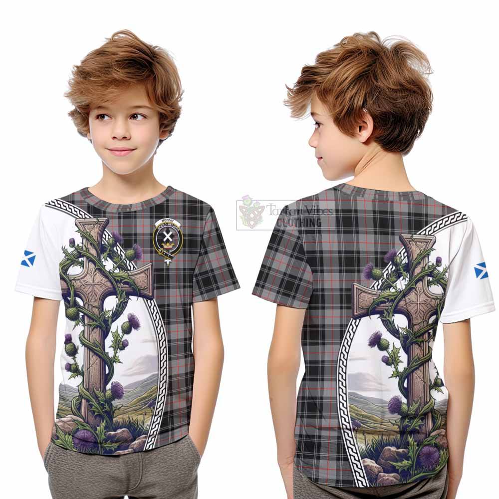 Tartan Vibes Clothing Moffat Tartan Kid T-Shirt with Family Crest and St. Andrew's Cross Accented by Thistle Vines