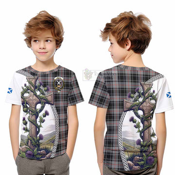 Moffat Tartan Kid T-Shirt with Family Crest and St. Andrew's Cross Accented by Thistle Vines