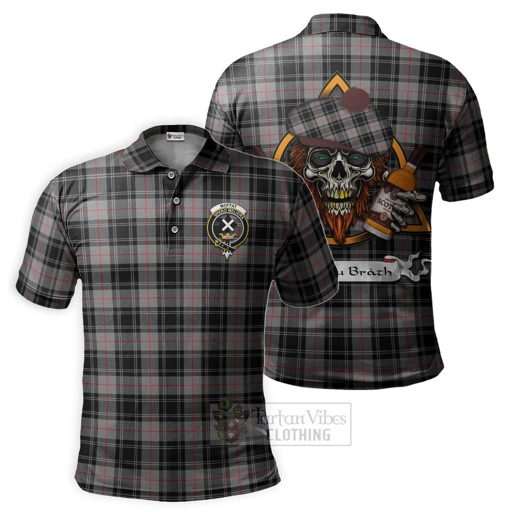 Tartan Vibes Clothing Moffat Tartan Polo Shirt with Family Crest and Bearded Skull Holding Bottles of Whiskey